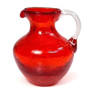 VTG Pilgrim Ruby Red Crackle‎ Glass Pitcher Clear Handle Mini Hand Blown 3.5"